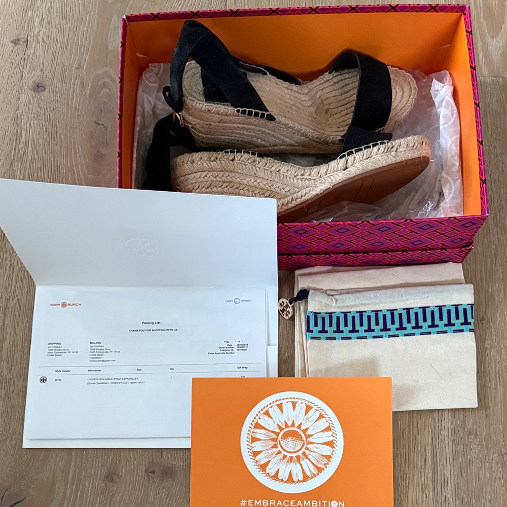 Tory Burch Black and Tan Espadrille Sandals